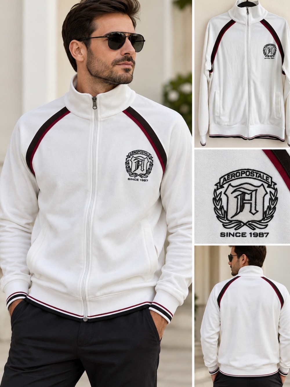 Aeropostale Men’s White Zip-Up Track Jacket with Burgundy and Black Trim